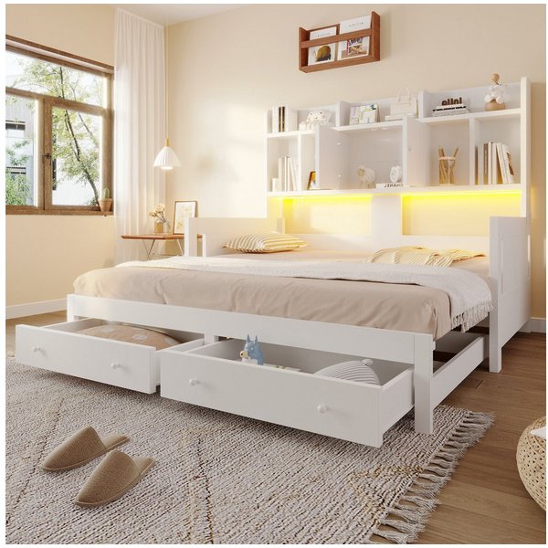 Flieks Holzbett, Ausziehbares Daybett 90/180x190cm mit Schubladen, LED-Leiste, Aufladen