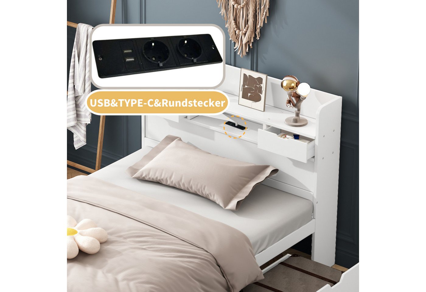 Flieks Holzbett, Einzelbett 90x200cm mit USB-Laden & Schubladen & Stauraumfächer – Bild 4 von 5