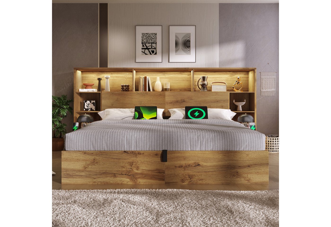 Flieks Holzbett, Hydraulik Stauraumbett 180x200cm mit Nachttische LED-Leiste & Aufladen – Bild 4 von 5