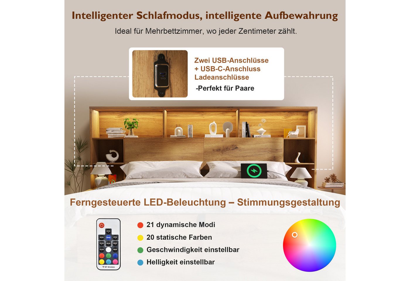 Flieks Holzbett, Hydraulik Stauraumbett 180x200cm mit Nachttische LED-Leiste & Aufladen – Bild 5 von 5
