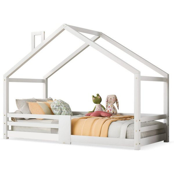 Flieks Kinderbett (1-tlg), Kiefernholz Hausbett mit Schornstein 90*200cm