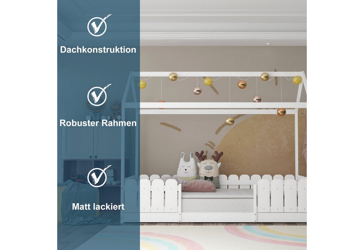 Flieks Kinderbett (1-tlg), Hausbett Kiefernholz 90x200cm ohne Matratze – Bild 4 von 5