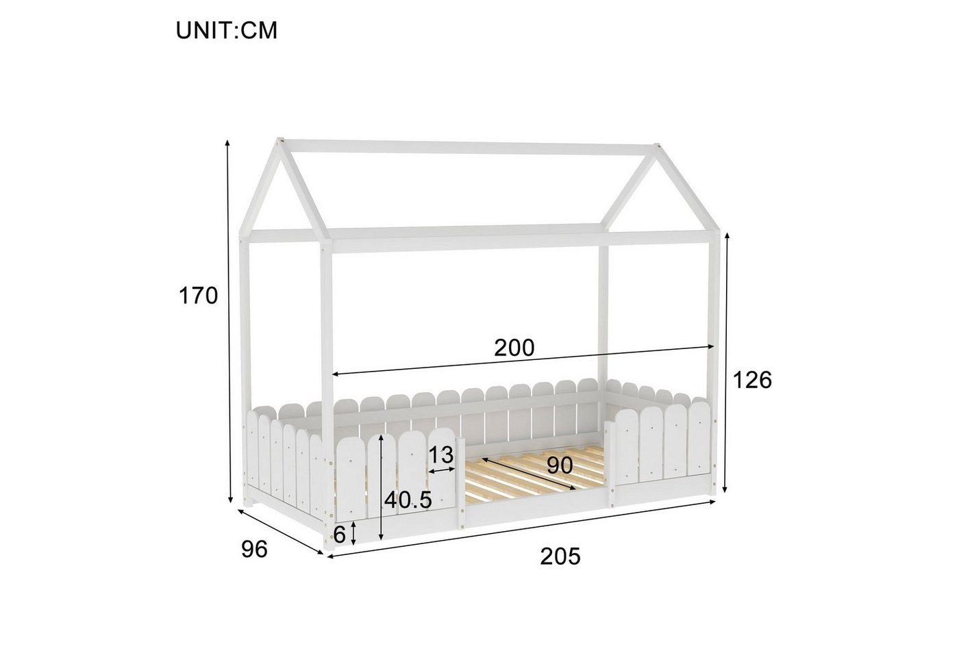 Flieks Kinderbett (1-tlg), Hausbett Kiefernholz 90x200cm ohne Matratze – Bild 5 von 5