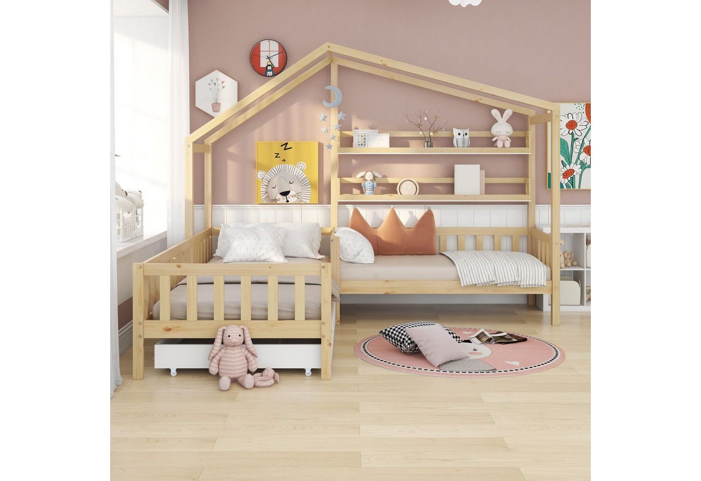 Flieks Kinderbett (1-tlg), Massivholz L-Struktur Hausbett 90x200cm+70x140cm – Bild 2 von 5