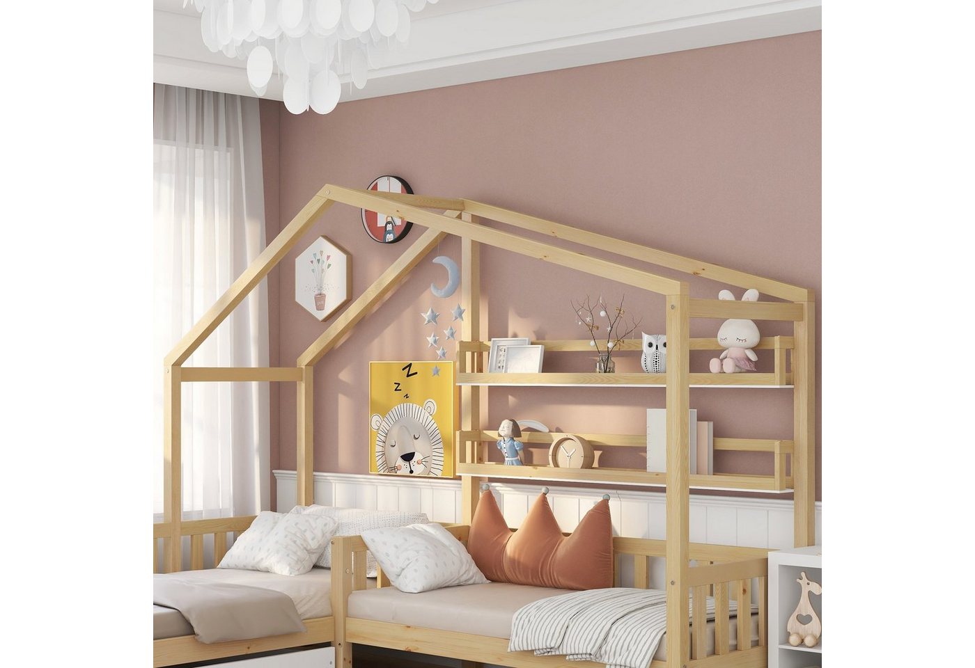 Flieks Kinderbett (1-tlg), Massivholz L-Struktur Hausbett 90x200cm+70x140cm – Bild 3 von 5