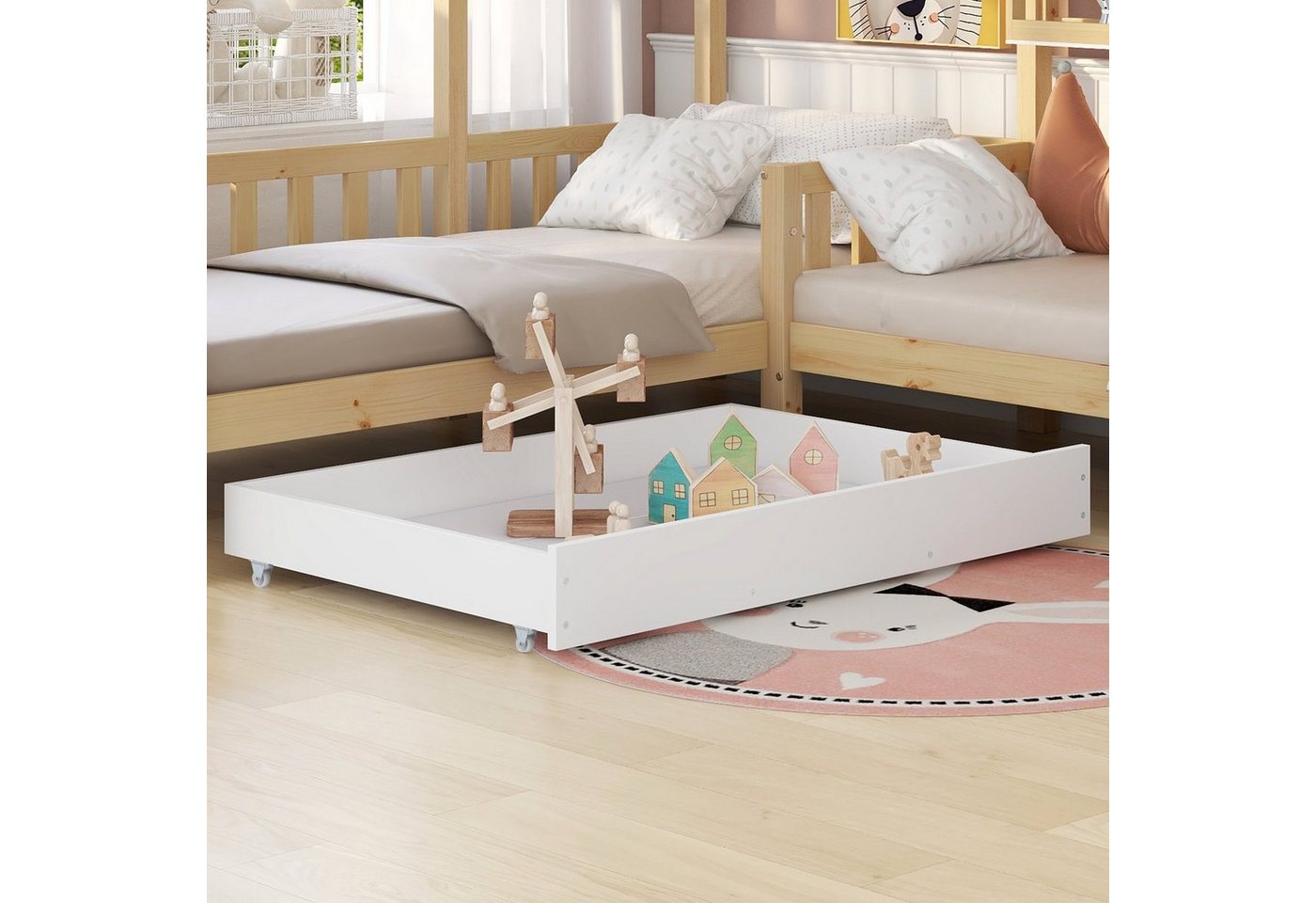 Flieks Kinderbett (1-tlg), Massivholz L-Struktur Hausbett 90x200cm+70x140cm – Bild 4 von 5