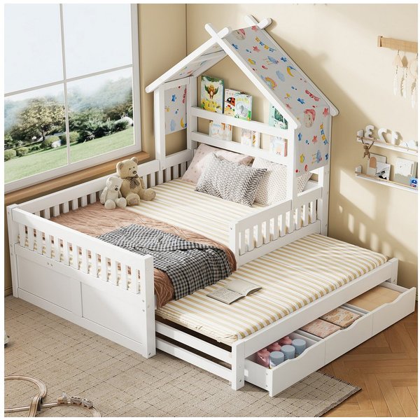 Flieks Kinderbett, Massivholz Hausbett 140x200cm mit Ausziehbett 90x190cm & 3 Schubladen