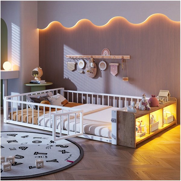 Flieks Kinderbett, Bodenbett Metallbett 140x200cm mit Schutzgeländer und LED-Staufach