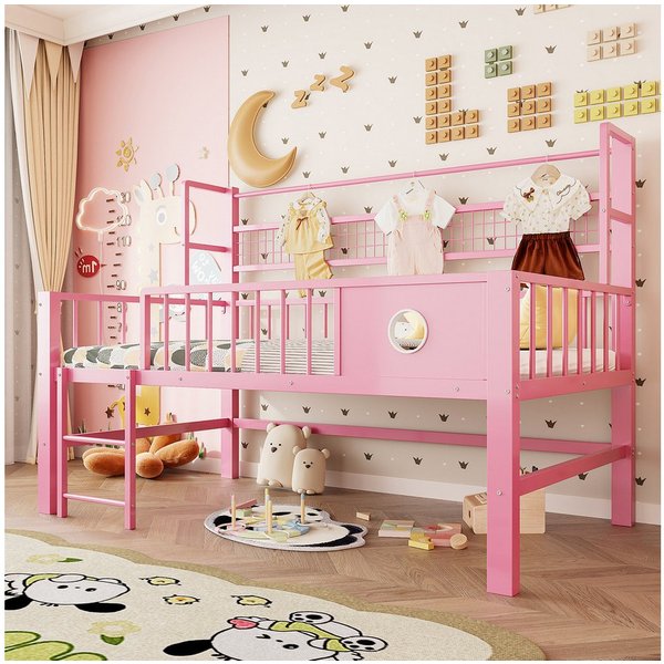 Flieks Kinderbett, Niedriges Hochbett Metallbett 90×200cm mit Netzregal Kleiderstange