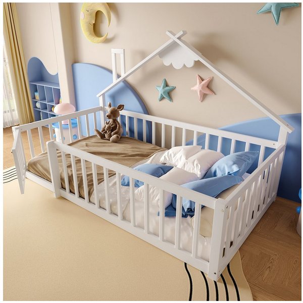 Flieks Kinderbett, Bodenbett Holzbett Hausbett 90x190cm mit Geländer