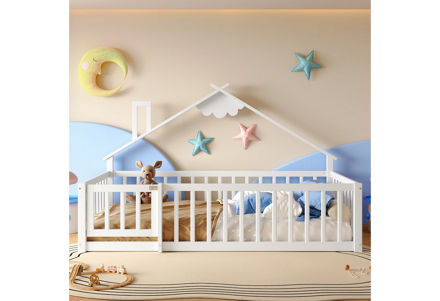 Flieks Kinderbett, Bodenbett Holzbett Hausbett 90x190cm mit Geländer – Bild 2 von 5