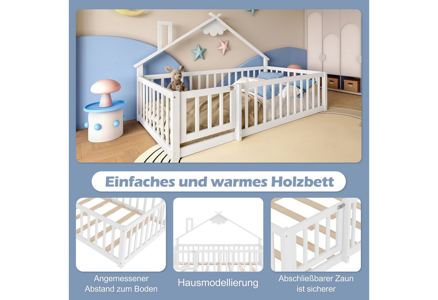 Flieks Kinderbett, Bodenbett Holzbett Hausbett 90x190cm mit Geländer – Bild 3 von 5