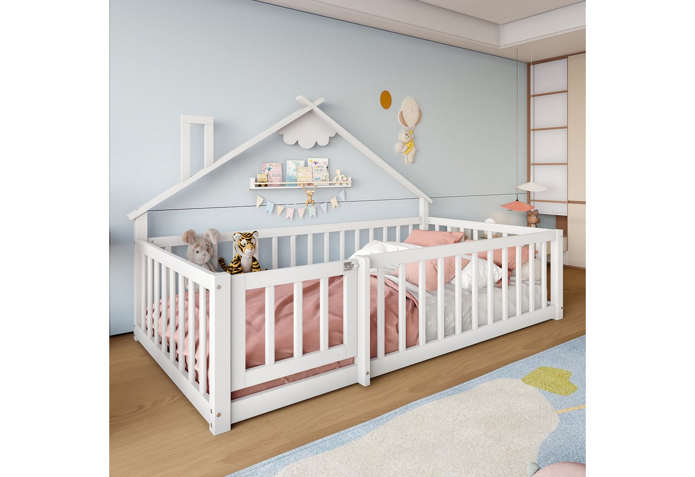 Flieks Kinderbett, Bodenbett Holzbett Hausbett 90x190cm mit Geländer – Bild 4 von 5