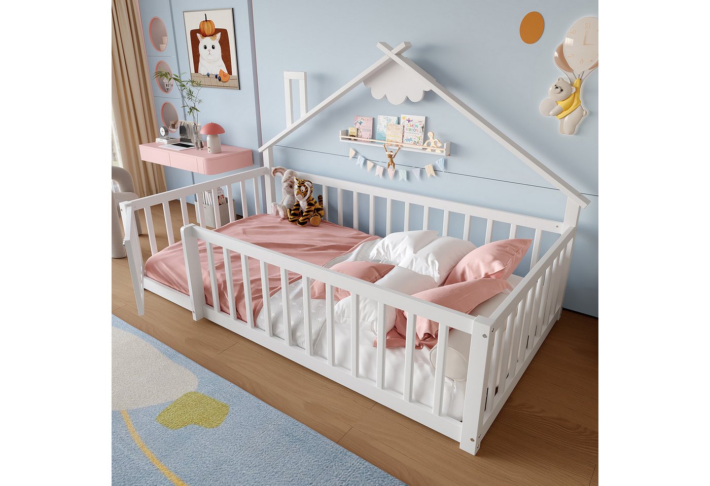 Flieks Kinderbett, Bodenbett Holzbett Hausbett 90x190cm mit Geländer – Bild 5 von 5
