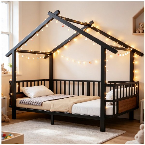Flieks Kinderbett, Metallbett in Hausform 90x200cm mit Sicherheitsgitter und Lattenrost
