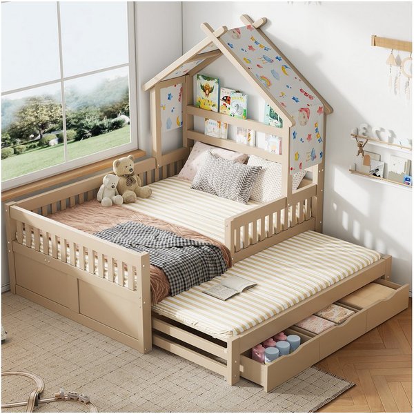 Flieks Kinderbett, Massivholz Hausbett 140x200cm mit Ausziehbett 90x190cm & 3 Schubladen