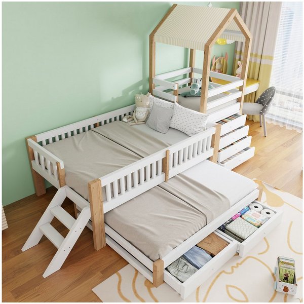 Flieks Kinderbett, Massivholzbett 90x200cm mit Ausziehbett 90x190cm, Schrank, Schubladen