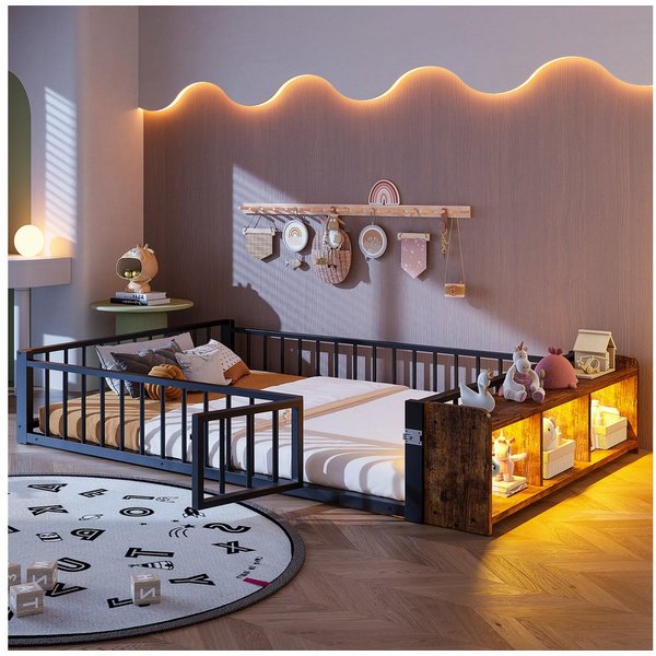 Flieks Kinderbett, Bodenbett Metallbett 140x200cm mit Schutzgeländer und LED-Staufach