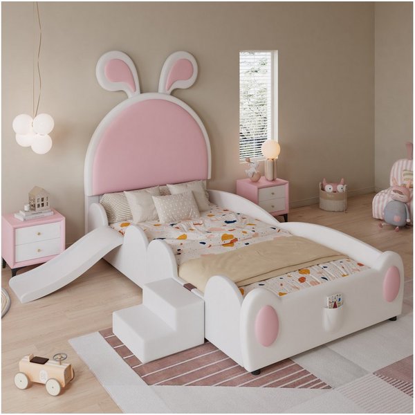 Flieks Kinderbett, Polsterbett Prinzessinbett Hasenohren 90x200cm mit Rutsche und Treppe