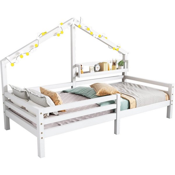 Flieks Kinderbett, Massivholz Einzelbett Hausbett mit Ablageregal 90x200cm