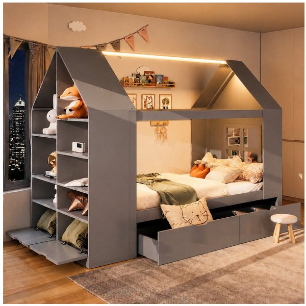 Flieks Kinderbett, Hausbett 90x200cm mit zwei Schubladen, LED-Beleuchtung, Ablageregal