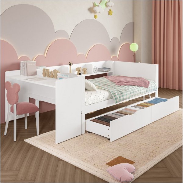 Flieks Kinderbett, Massivholzbett Einzelbett 90x200cm mit Schreibtisch und 2 Schubladen