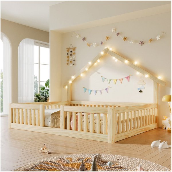 Flieks Kinderbett, Hausbett Bodenbett 140x200cm mit LED-Lichterkette ohne Lattenrost