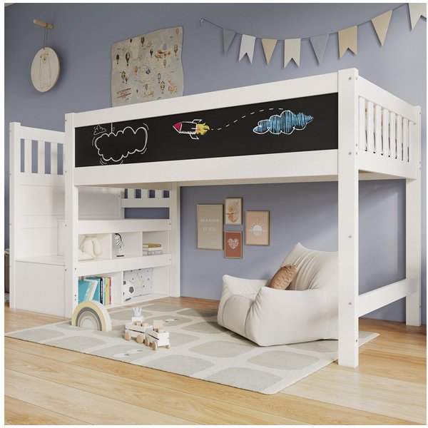 Flieks Kinderbett, Massivholz Hochbett mit Tafel und Stauraumtreppe 90x200cm