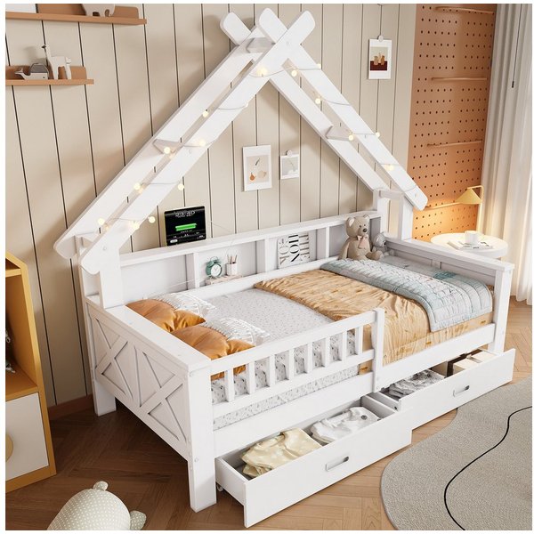 Flieks Kinderbett, Hausbett 90x200cm mit LED-Beleuchtung Ablagefächern und Schubladen