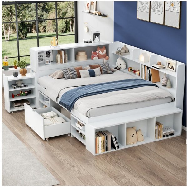 Flieks Kinderbett, Holzbett Doppelbett 140x200cm mit Schublade & Bücherregal & Schrank