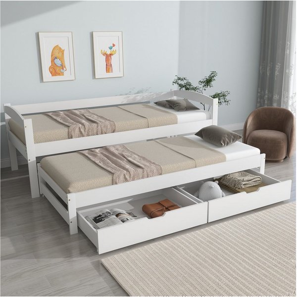Flieks Kinderbett, Einzelbett 200x90cm mit Schiebebett 190x90cm und 2 Schubladen
