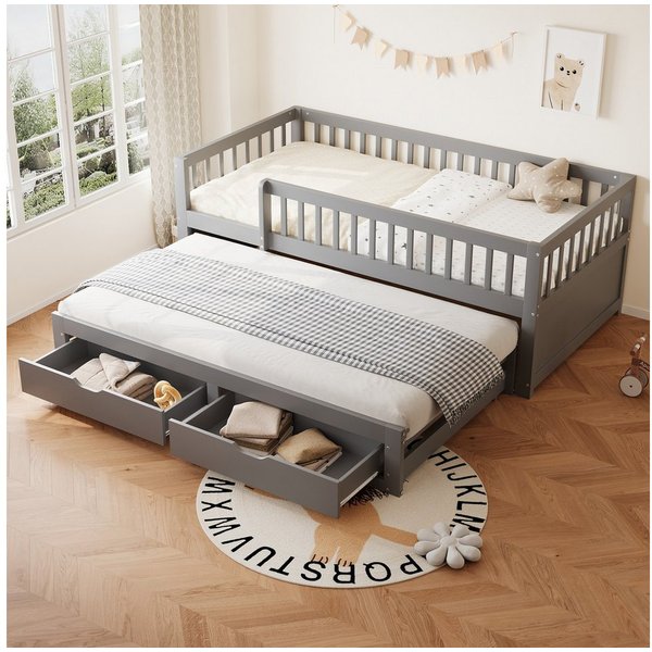 Flieks Kinderbett, Holzbett Daybett 90x200cm mit Ausziehbett 90x190cm und 2 Schubladen