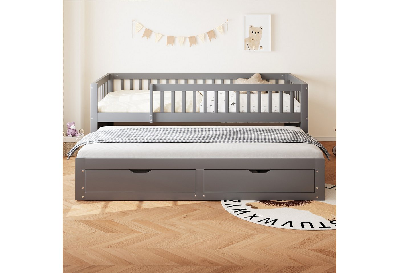 Flieks Kinderbett, Holzbett Daybett 90x200cm mit Ausziehbett 90x190cm und 2 Schubladen – Bild 2 von 5