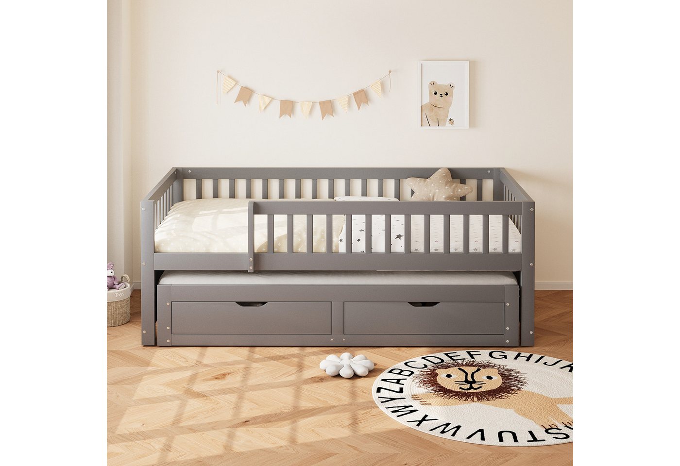 Flieks Kinderbett, Holzbett Daybett 90x200cm mit Ausziehbett 90x190cm und 2 Schubladen – Bild 3 von 5