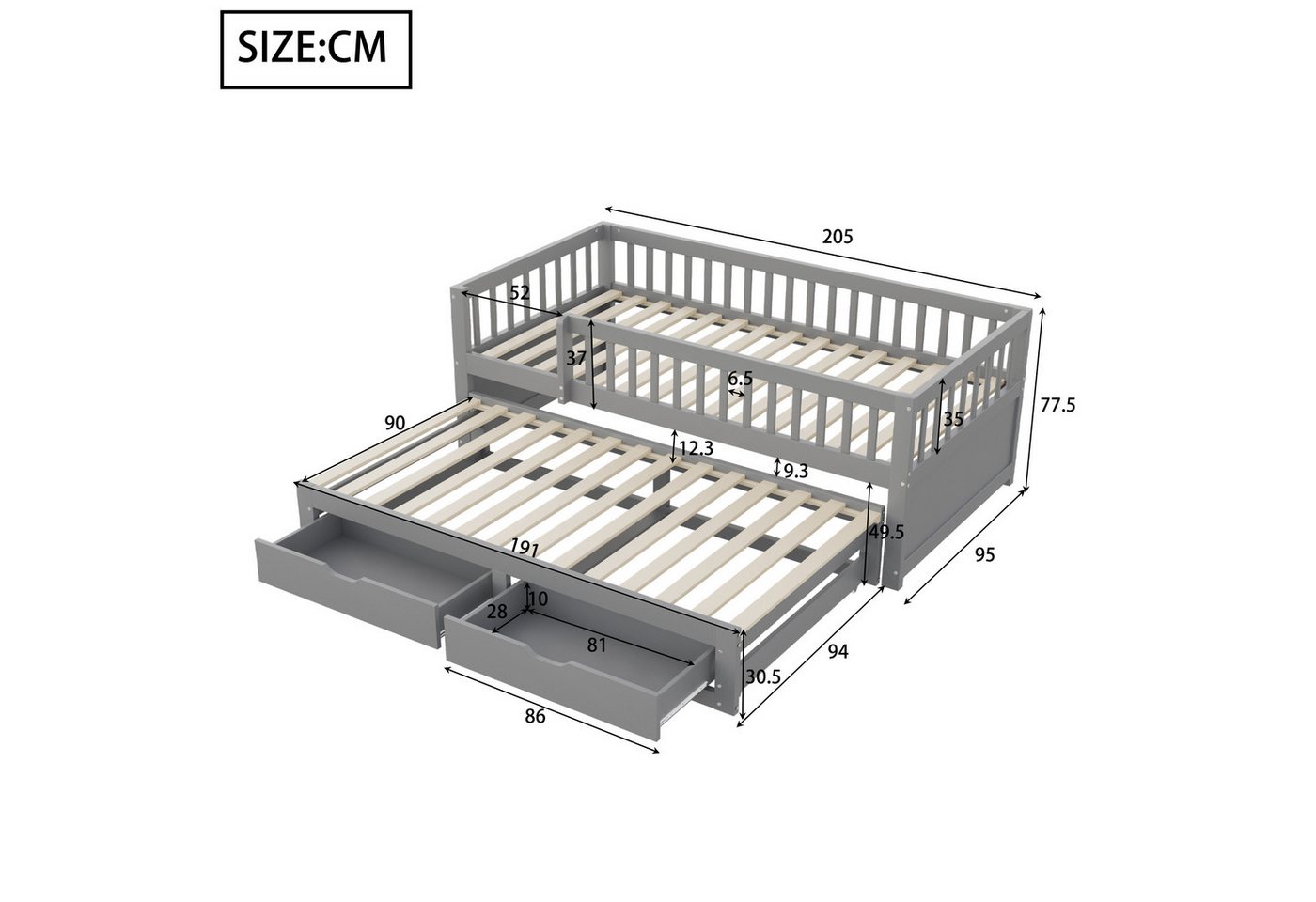 Flieks Kinderbett, Holzbett Daybett 90x200cm mit Ausziehbett 90x190cm und 2 Schubladen – Bild 4 von 5