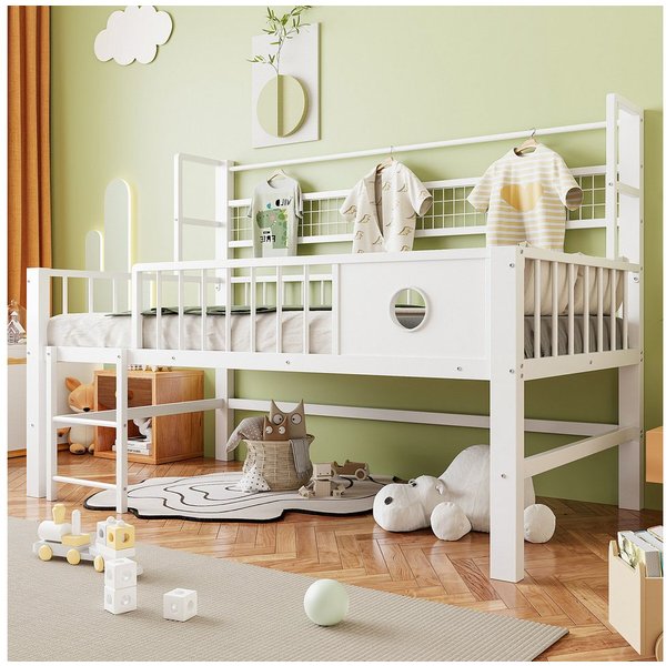 Flieks Kinderbett, Niedriges Hochbett Metallbett 90×200cm mit Netzregal Kleiderstange