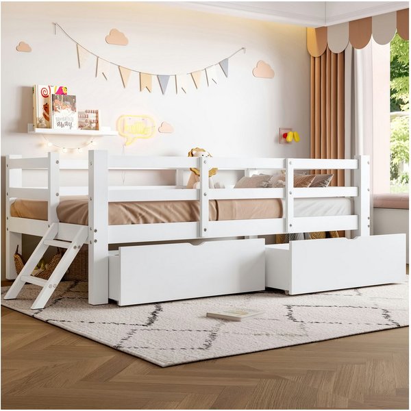 Flieks Kinderbett, Halbhochbett Einzelbett 90x200cm mit 2 Schubladen und Leiter