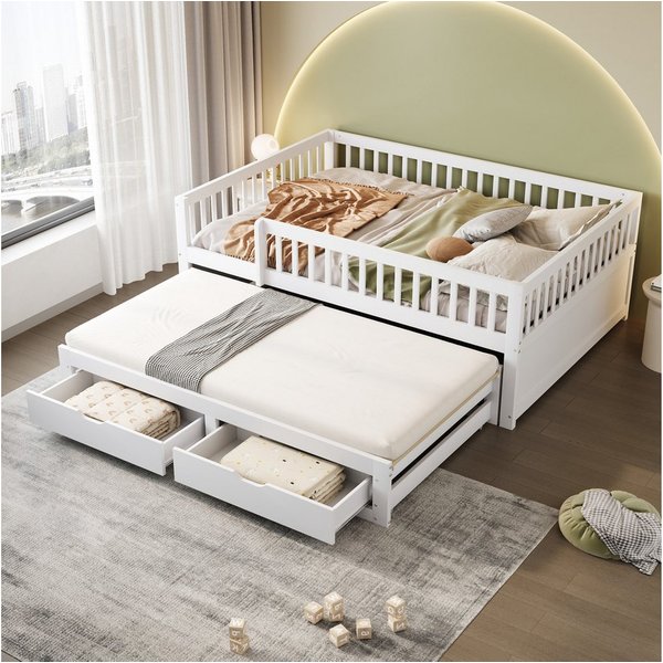 Flieks Kinderbett, Holzbett Daybett 140x200cm mit Ausziehbett 90x190cm und 2 Schubladen