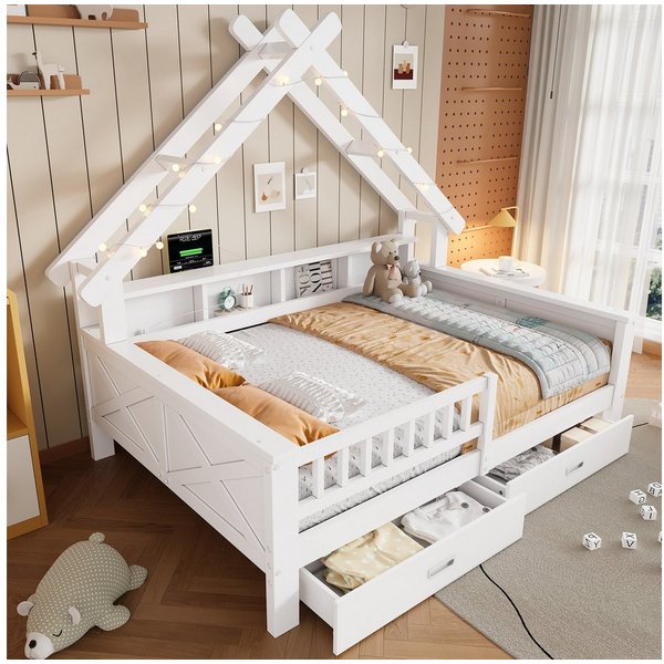 Flieks Kinderbett, Hausbett 140x200cm mit LED-Beleuchtung Ablagefächern und Schubladen