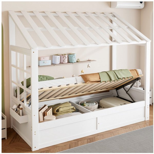 Flieks Kinderbett, Holzbett Hausform 90x200cm mit Dach, Fenster, hydraulischem Stauraum