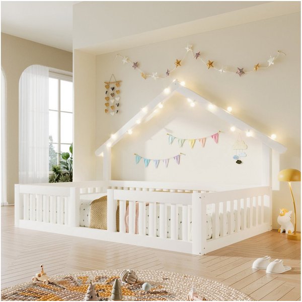 Flieks Kinderbett, Hausbett Bodenbett 90x200cm mit LED-Lichterkette ohne Lattenrost