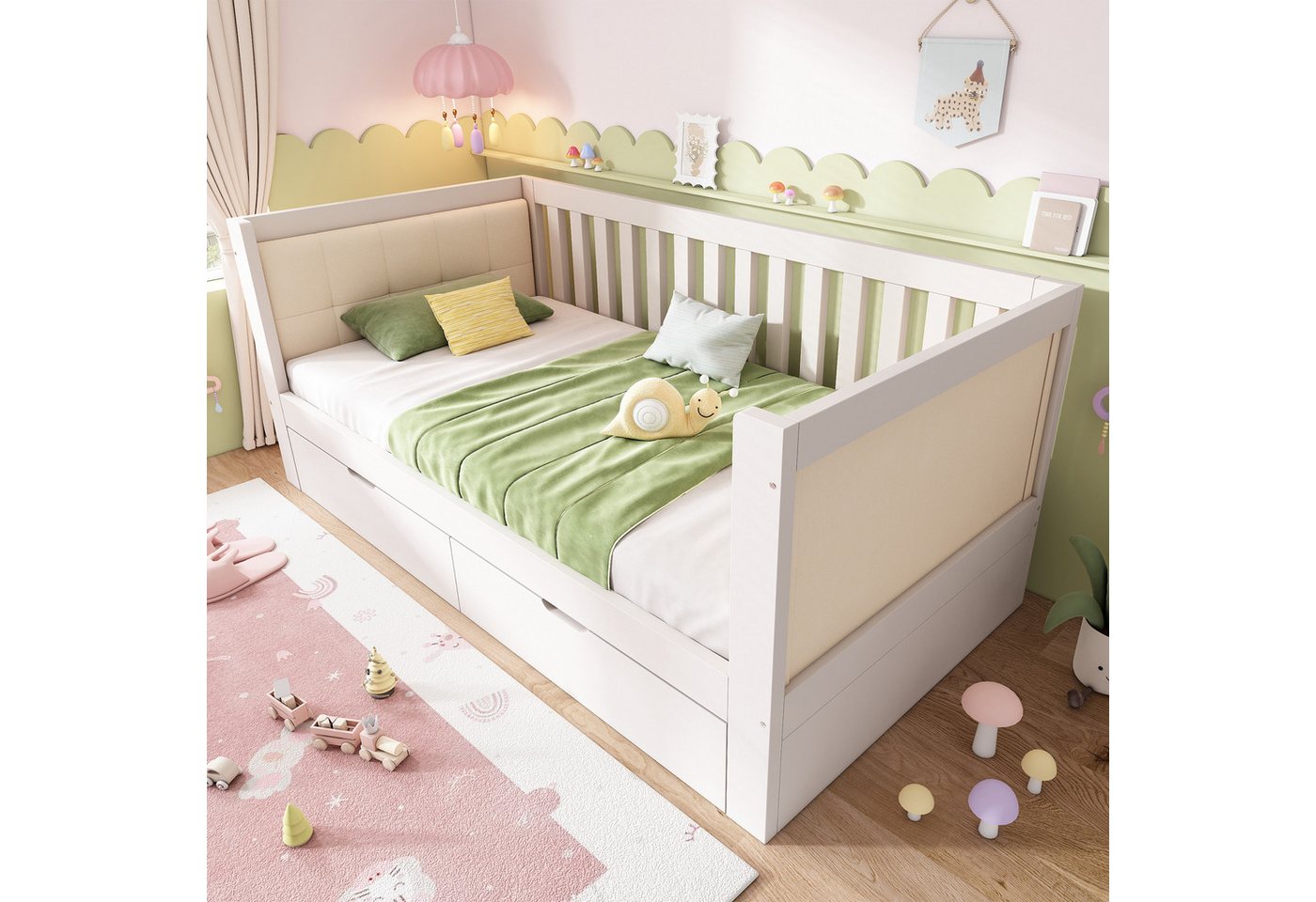 Flieks Kinderbett, Tagesbett Holzbett 90×200 cm mit 2 Schubladen und Polster-Rückenlehne – Bild 2 von 5