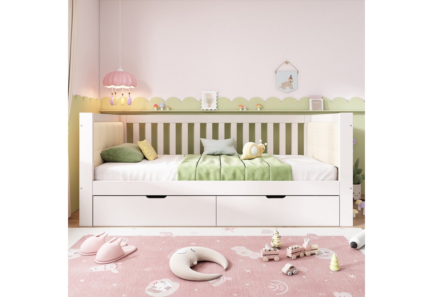 Flieks Kinderbett, Tagesbett Holzbett 90×200 cm mit 2 Schubladen und Polster-Rückenlehne – Bild 3 von 5