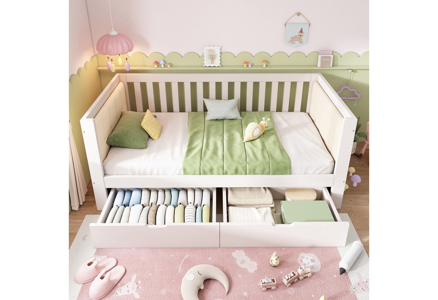 Flieks Kinderbett, Tagesbett Holzbett 90×200 cm mit 2 Schubladen und Polster-Rückenlehne – Bild 4 von 5