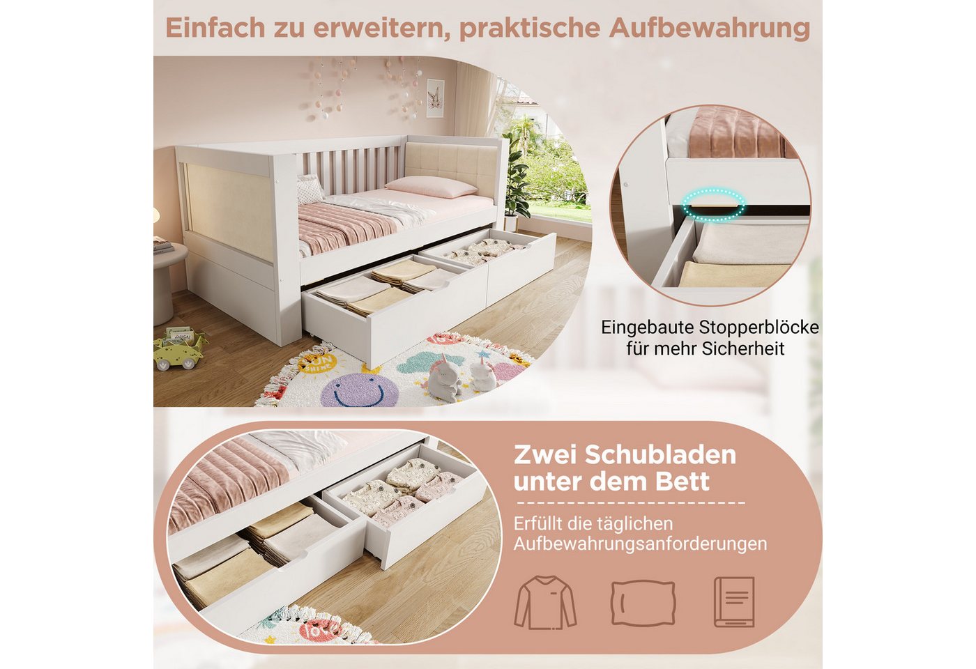Flieks Kinderbett, Tagesbett Holzbett 90×200 cm mit 2 Schubladen und Polster-Rückenlehne – Bild 5 von 5