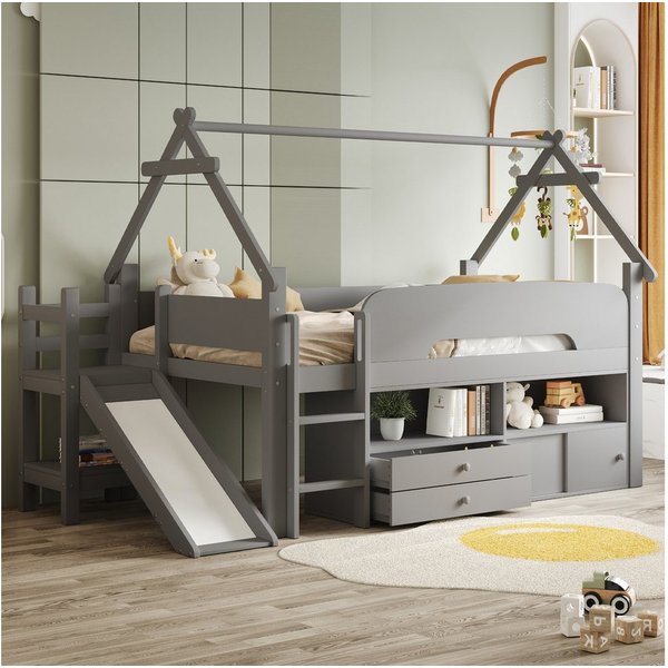 Flieks Kinderbett, Hausbett Hochbett Einzelbett 90x200cm mit Rutsche und vielem Stauraum