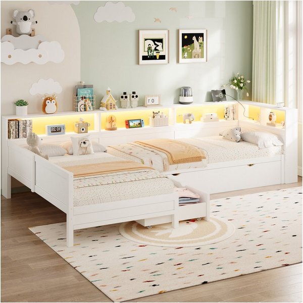 Flieks Kinderbett, Dreierbett Daybett 90x200cm*2 mit Ausziehbett 90x190cm und Schublade