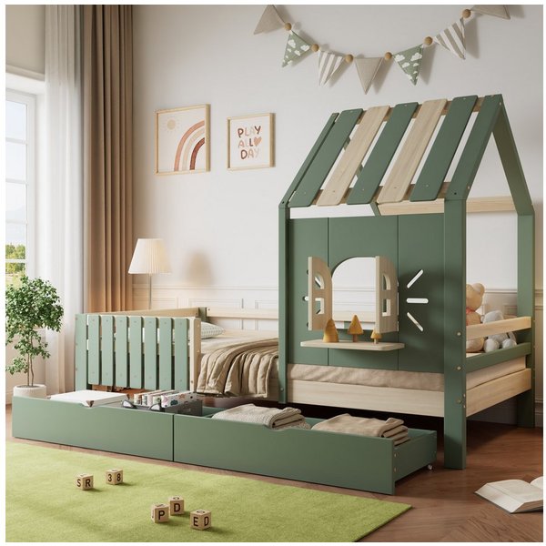 Flieks Kinderbett, Hausbett Einzelbett 90x200cm mit Dach und Fenster mit 2 Schubladen