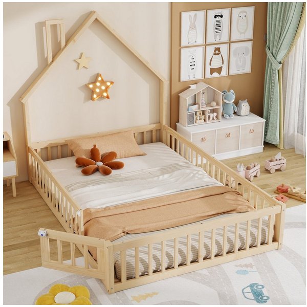 Flieks Kinderbett, Massivholzbett 140x200cm mit Schornsteinform und Lattenrost
