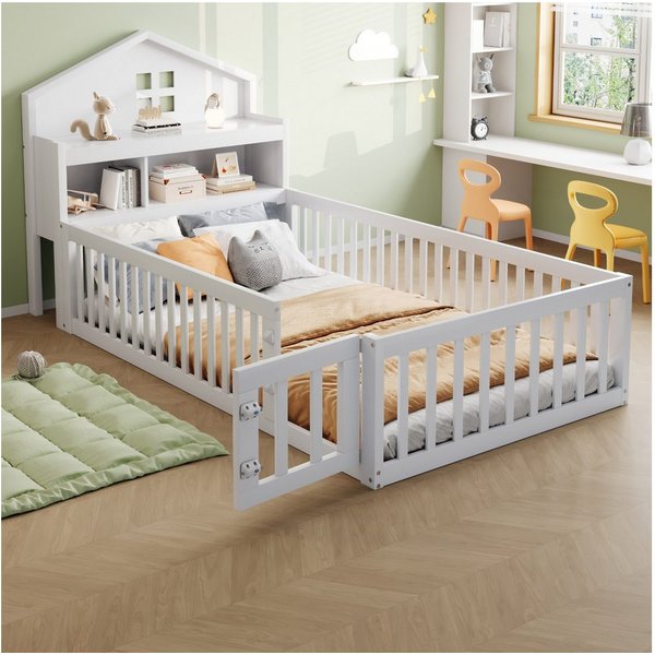 Flieks Kinderbett, Holzbett Bodenbett Hausbett 90x200cm mit Stauraum und Kreidetafel